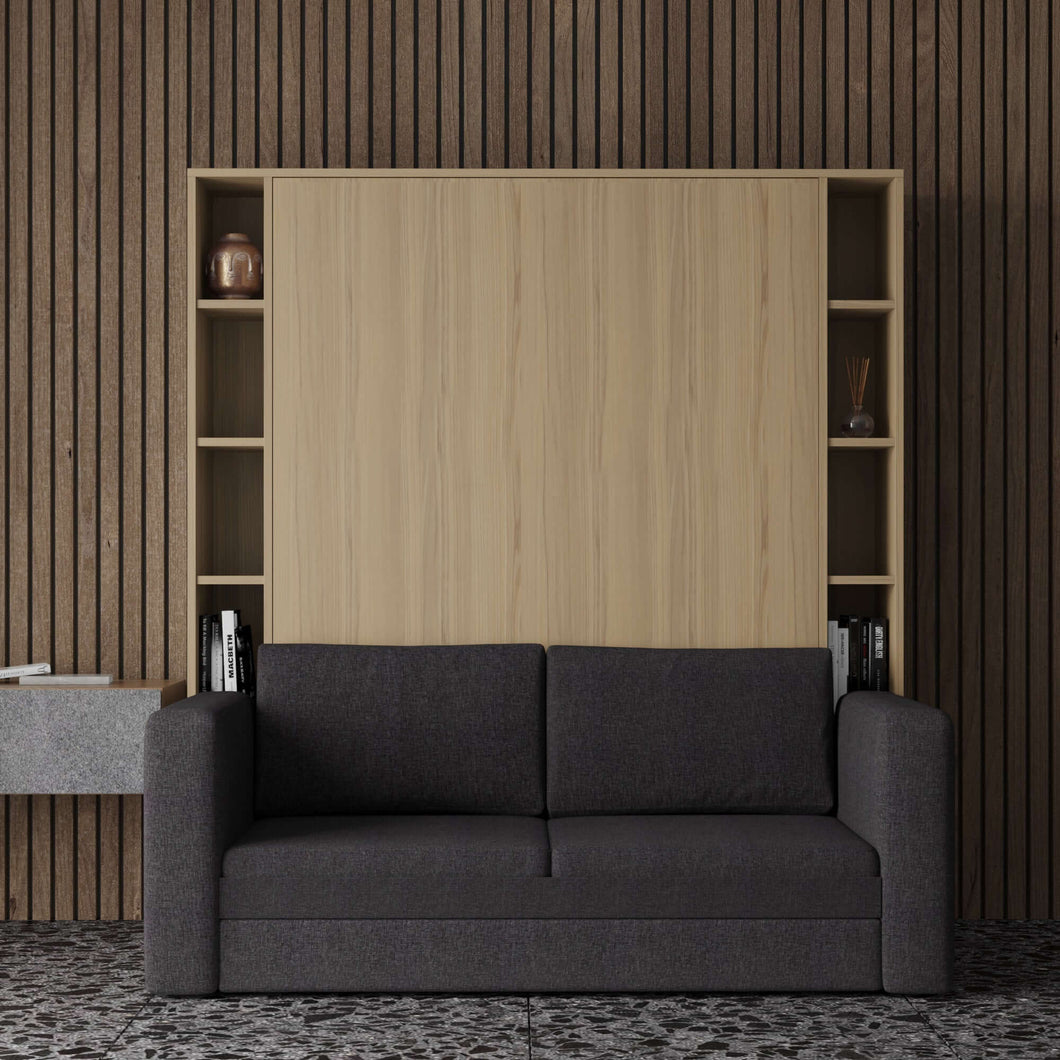 murphy bed with shelves and sofa in wood color