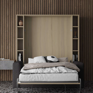 wood murphy bed with shelves and sofa