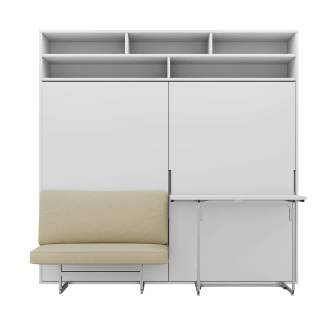 white murphy bed with sofa and desk