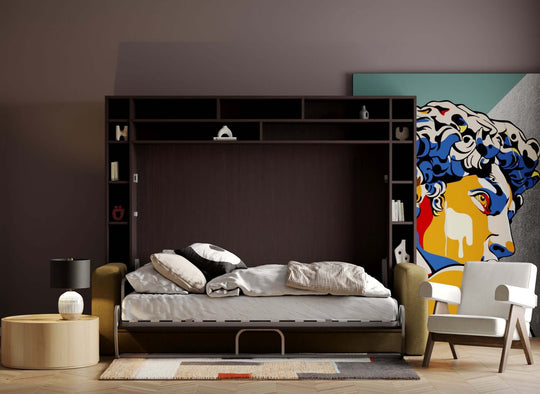 horizontal Murphy bed with sofa and shelves